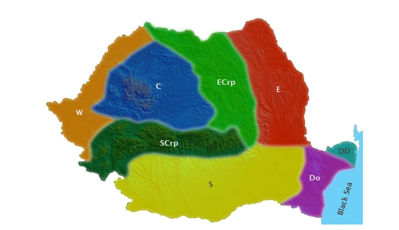 Map of Romania showing butterfly distribution regions: W (western), C (centre/Transylvania), ECrp (Eastern Carpathians), SCrp (Southern Carpathians), E (eastern), S (southern), Do (Dobrogea), DD (Danube Delta)