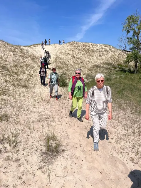 Hikers descending the Letea sand dunes in the Danube Delta